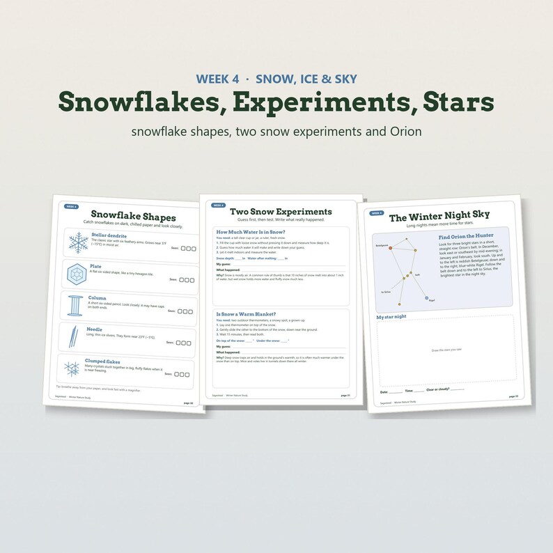K&ouml;nnte beinhalten: Drei p&auml;dagogische Arbeitsbl&auml;tter mit dem Titel Week 4 Snow, Ice & Sky. Die Seiten enthalten Snowflake Shapes, Two Snow Experiments und The Winter Night Sky, einschlie&szlig;lich Diagrammen von Schneeflockenformen, Experimentanleitungen und einer Sternenkarte von Orion.