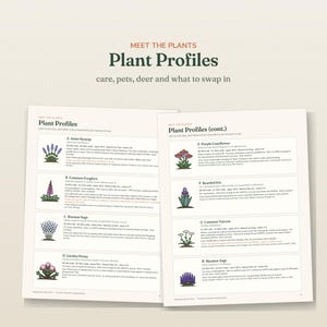 May include: Two pages of a document titled Meet the Plants Plant Profiles, care, pets, deer and what to swap in. The pages list eight plants labeled A through H, each with a small illustration, botanical name, size, zone, and care instructions.
