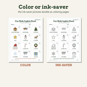 May include: Two printable activity sheets titled Car Ride Lights Hunt. One sheet features colored holiday icons like a house, star, and wreath, while the other is a black and white outline version for coloring. Both include checkboxes for tracking.
