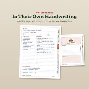 May include: Two printable recipe pages with colourful side tabs. The larger page features a handwritten recipe for Nana Ruth's Sunday Pot Roast, including ingredients, directions, and notes. The smaller page is a Main Dishes section divider.