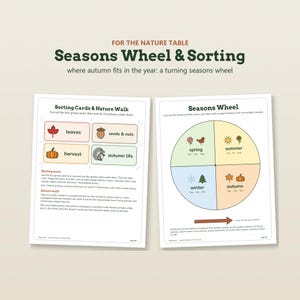 May include: Two educational activity sheets titled For the Nature Table Seasons Wheel & Sorting. The left sheet features Sorting Cards & Nature Walk instructions with four categories. The right sheet displays a circular Seasons Wheel with four quadrants.