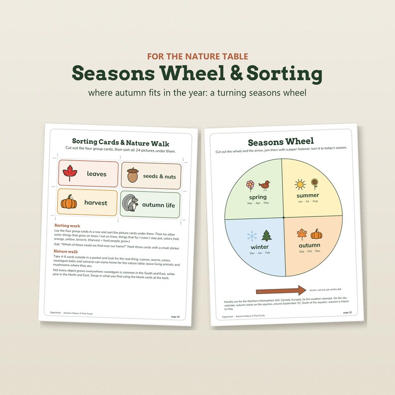May include: Two educational activity sheets titled For the Nature Table Seasons Wheel & Sorting. The left sheet features Sorting Cards & Nature Walk instructions with four categories. The right sheet displays a circular Seasons Wheel with four quadrants.