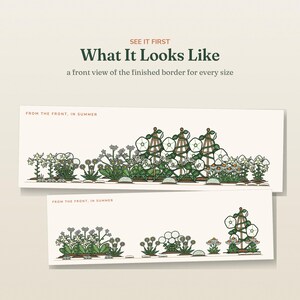 May include: Two rectangular illustrations showing a garden border from the front in summer. Text reads: SEE IT FIRST What It Looks Like, a front view of the finished border for every size, and FROM THE FRONT, IN SUMMER. Features white flowers.