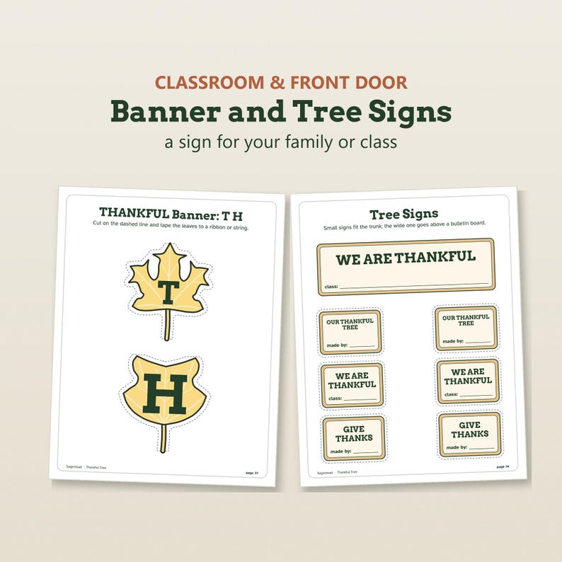 Puede incluir: Dos hojas imprimibles que presentan un estandarte Thankful con recortes de hojas amarillas que muestran las letras T y H, y una hoja de Tree Signs con etiquetas rectangulares que contienen el texto We Are Thankful, Our Thankful Tree y Give Thanks.