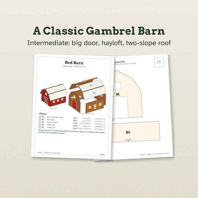 May include: A printed instructional guide titled A Classic Gambrel Barn, featuring diagrams for a red barn with a two-slope roof, hayloft, and big door. The pages include a list of pieces labeled B1 through B5 with dimensions in inches and assembly steps.