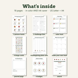 May include: A digital activity set titled What's inside with 18 pages in color and ink-saver formats for US Letter and A4 paper. It includes three picture hunts, two challenge lists, a color hunt, four bingo cards, a plate vote, a hunt creator, a journal page, six badges, and an award certificate.