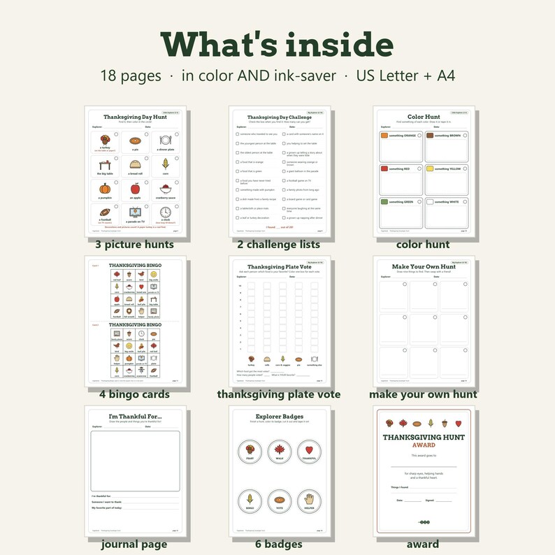 May include: A digital activity set titled What's inside with 18 pages in color and ink-saver formats for US Letter and A4 paper. It includes three picture hunts, two challenge lists, a color hunt, four bingo cards, a plate vote, a hunt creator, a journal page, six badges, and an award certificate.