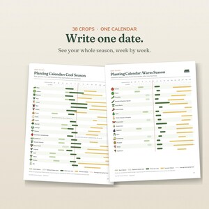 May include: A two-page planting calendar guide featuring 38 crops. The text reads: 38 CROPS. ONE CALENDAR. Write one date. See your whole season, week by week. Planting Calendar: Cool Season and Planting Calendar: Warm Season with color-coded charts.