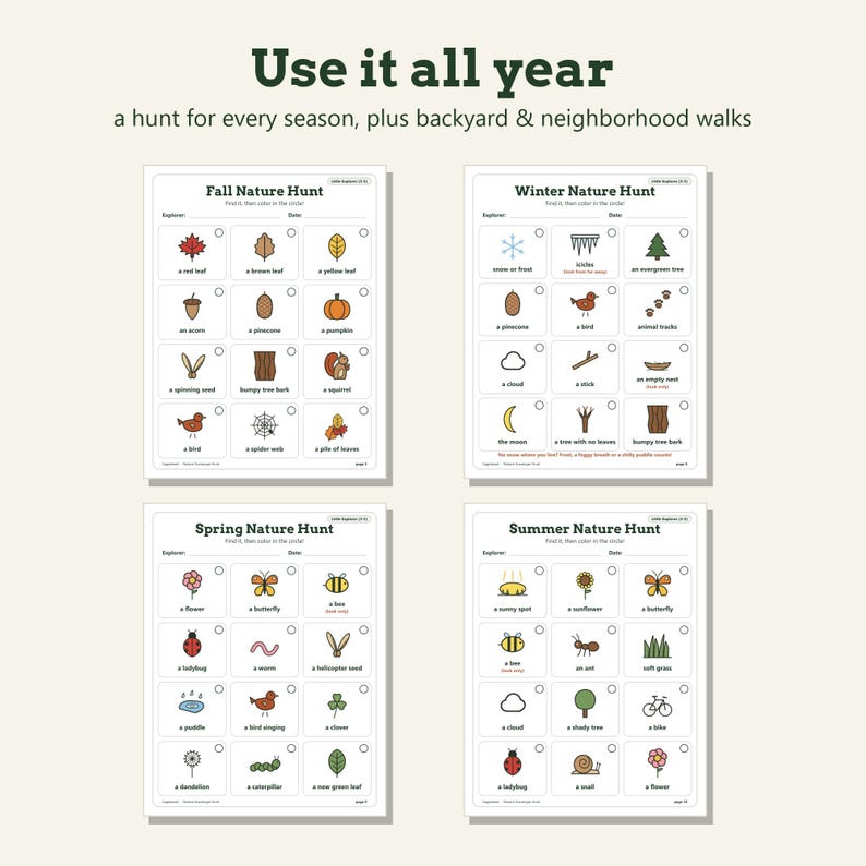 May include: Four seasonal nature hunt activity sheets titled Use it all year, a hunt for every season, plus backyard & neighborhood walks. Each sheet features a grid of twelve illustrated items to find for Fall, Winter, Spring, and Summer.