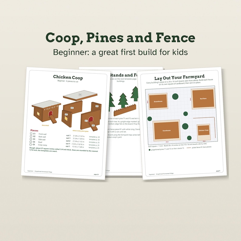 May include: Three instructional pages titled Coop, Pines and Fence, Beginner: a great first build for kids. The pages feature diagrams for a chicken coop, green pine trees, a brown fence, and a farmyard layout map with text and measurements in inches.
