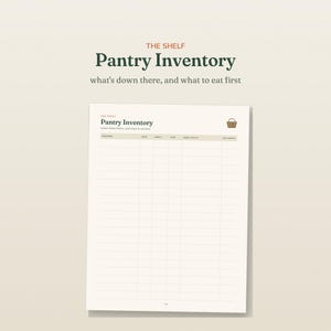 May include: A white paper pantry inventory sheet titled THE SHELF Pantry Inventory what's down there, and what to eat first. The grid includes columns for preserve, year, shelf, jars, used (tally), and eat first, with a small brown basket icon.