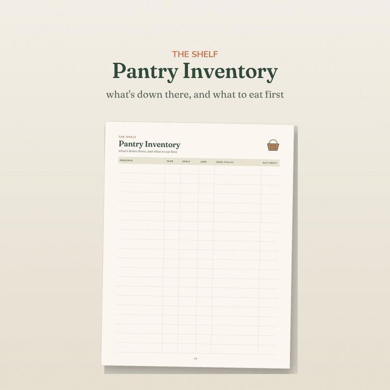 May include: A white paper pantry inventory sheet titled THE SHELF Pantry Inventory what's down there, and what to eat first. The grid includes columns for preserve, year, shelf, jars, used (tally), and eat first, with a small brown basket icon.