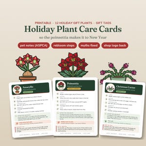 May include: A set of printable holiday plant care cards featuring illustrations of an Amaryllis, Poinsettia, and Christmas Cactus. Each card provides detailed care instructions including light, water, temperature, humidity, and feeding requirements.