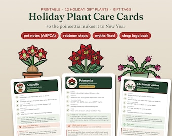 Christmas Plant Gift Tags and Care Cards Printable, Poinsettia Care Card, Christmas Cactus, Amaryllis, Plant Shop Insert, Pet Safety Notes