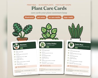 Plant Care Cards Printable, 30 Houseplant Care Tags, Care Instructions for Plant Shop, Pet Safety Notes, Add Your Logo, Small Shop License