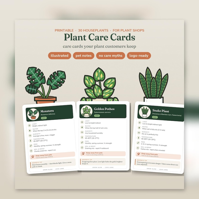 May include: A set of printable plant care cards featuring illustrations of a Monstera, Golden Pothos, and Snake Plant. The cards include text details on light, water, humidity, temperature, feed, soil, and pet safety tips for each plant.
