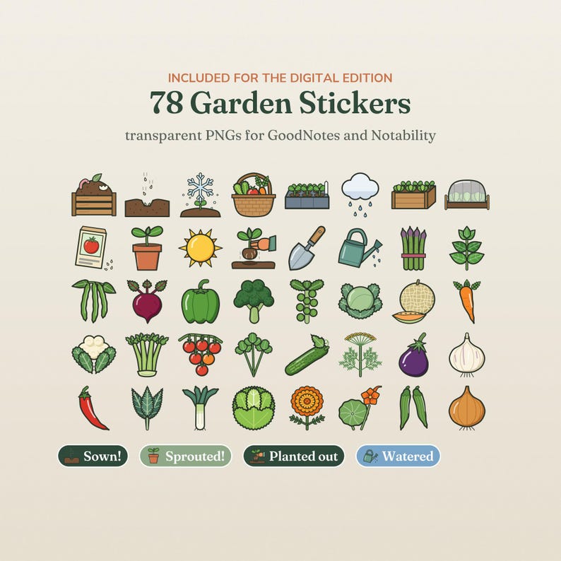 May include: A digital collection of 78 garden stickers featuring colorful icons of vegetables, gardening tools, and weather elements. The text reads INCLUDED FOR THE DIGITAL EDITION 78 Garden Stickers transparent PNGs for GoodNotes and Notability.