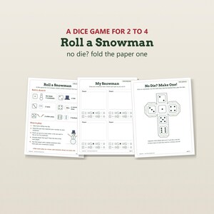K&ouml;nnte beinhalten: Ein druckbares W&uuml;rfelspiel mit dem Titel Roll a Snowman f&uuml;r 2 bis 4 Spieler. Das Set besteht aus drei wei&szlig;en Bl&auml;ttern: eines mit Spielanleitung und Schneemannteilen, eines mit vier leeren Zeichenfeldern f&uuml;r Spieler und eines mit einer Bastelvorlage.