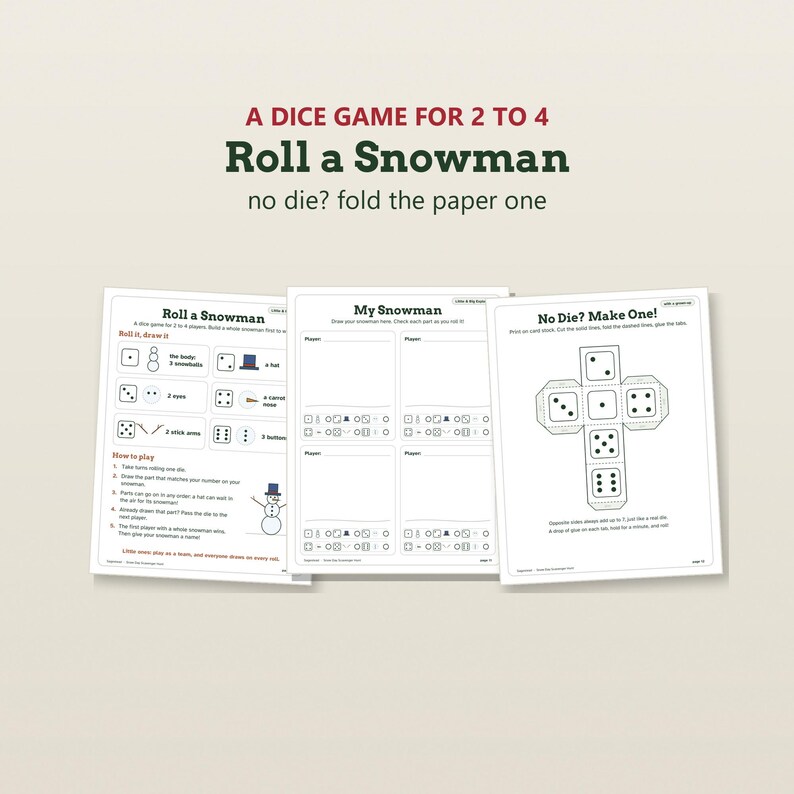 K&ouml;nnte beinhalten: Ein druckbares W&uuml;rfelspiel mit dem Titel Roll a Snowman f&uuml;r 2 bis 4 Spieler. Das Set besteht aus drei wei&szlig;en Bl&auml;ttern: eines mit Spielanleitung und Schneemannteilen, eines mit vier leeren Zeichenfeldern f&uuml;r Spieler und eines mit einer Bastelvorlage.