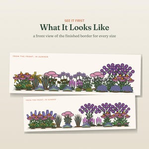May include: Two horizontal illustrations showing a garden border from the front in summer. Text reads: SEE IT FIRST What It Looks Like, a front view of the finished border for every size, and FROM THE FRONT, IN SUMMER. Colorful flowers are depicted.