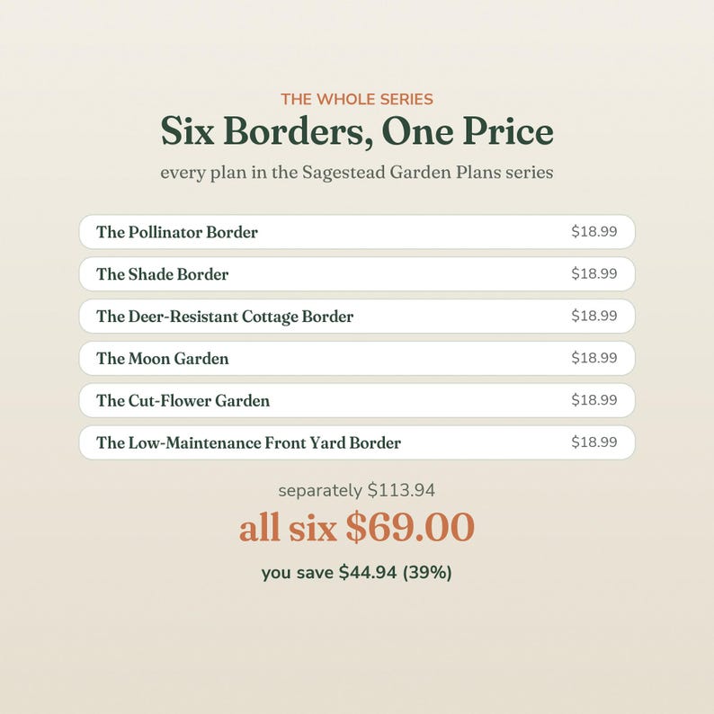 May include: A digital graphic titled The Whole Series Six Borders, One Price for the Sagestead Garden Plans series. It lists six garden plans: The Pollinator Border, The Shade Border, The Deer-Resistant Cottage Border, The Moon Garden, The Cut-Flower Garden, and The Low-Maintenance Front Yard Border.