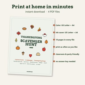 May include: A digital Thanksgiving scavenger hunt activity sheet with the text 'THANKSGIVING SCAVENGER HUNT' surrounded by small icons of a turkey, leaves, pumpkin, acorn, apple, and pie. The document includes 18 pages in US Letter and A4 sizes.