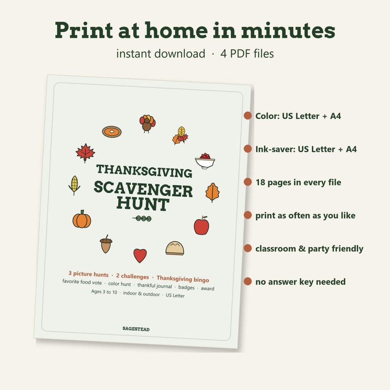 May include: A digital Thanksgiving scavenger hunt activity sheet with the text 'THANKSGIVING SCAVENGER HUNT' surrounded by small icons of a turkey, leaves, pumpkin, acorn, apple, and pie. The document includes 18 pages in US Letter and A4 sizes.