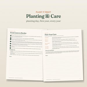 May include: Two pages of a gardening guide titled Plant It Right Planting & Care. The left page details From Lawn to Border with numbered steps and a notes section. The right page outlines First-Year Care and Years two and three with notes.