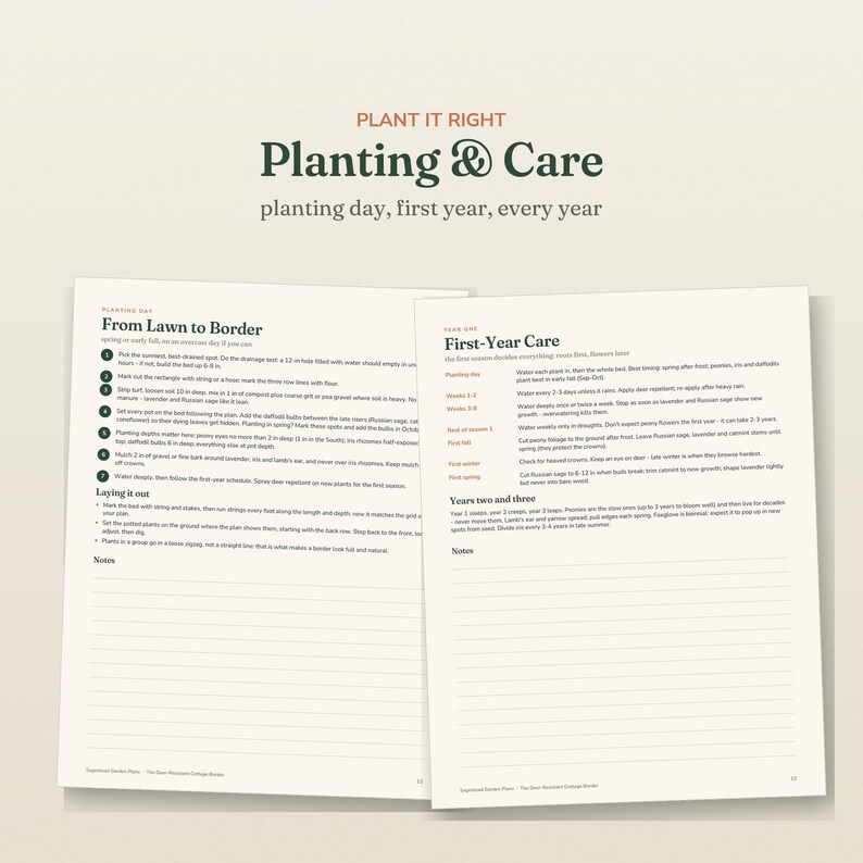 May include: Two pages of a gardening guide titled Plant It Right Planting & Care. The left page details From Lawn to Border with numbered steps and a notes section. The right page outlines First-Year Care and Years two and three with notes.