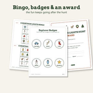 May include: A set of printable activity sheets featuring Christmas Lights Bingo cards, a page of circular Explorer Badges with icons for car ride, walk, cozy, bingo, count, and sparkle, and a Christmas Lights Hunt award certificate document.