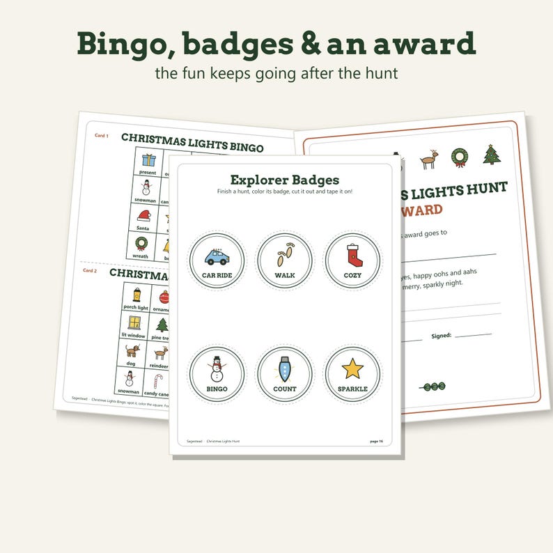 May include: A set of printable activity sheets featuring Christmas Lights Bingo cards, a page of circular Explorer Badges with icons for car ride, walk, cozy, bingo, count, and sparkle, and a Christmas Lights Hunt award certificate document.