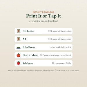 May include: Digital download titled Print It or Tap It featuring five options: US Letter 128-page printable, A4 128-page printable, Ink-Saver Letter and A4, iPad/tablet 177-page landscape hyperlinked file, and 78 transparent PNG stickers.