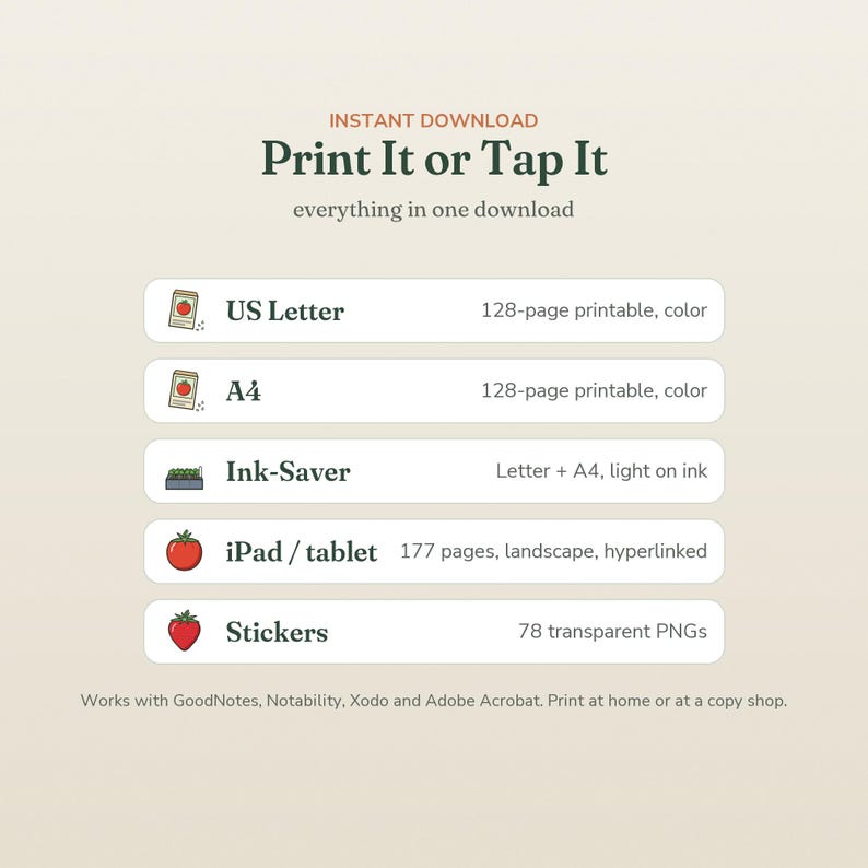 May include: Digital download titled Print It or Tap It featuring five options: US Letter 128-page printable, A4 128-page printable, Ink-Saver Letter and A4, iPad/tablet 177-page landscape hyperlinked file, and 78 transparent PNG stickers.