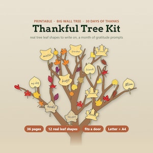 Puede incluir: Un kit de &aacute;rbol de gratitud con una ilustraci&oacute;n de &aacute;rbol marr&oacute;n y varias formas de hojas coloridas. El texto incluye Printable, Big Wall Tree, 30 Days of Thanks, Thankful Tree Kit, 36 pages, 12 real leaf shapes, fits a door, Letter + A4.
