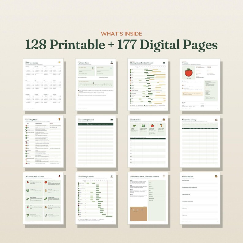 May include: A digital garden planner set featuring 128 printable and 177 digital pages. The layout displays twelve distinct document templates including calendars, planting schedules, crop rotation charts, and plant care logs with icons and text.