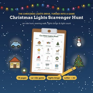 May include: A Christmas Lights Scavenger Hunt game sheet on a brown clipboard with a yellow pencil. The sheet features a grid of holiday icons like a house, star, snowman, and tree with text labels. The background is dark blue with snow.