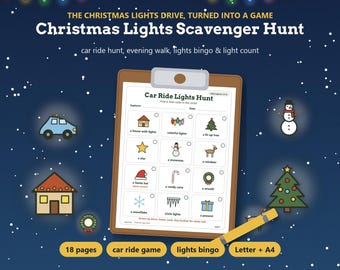 Christmas Lights Scavenger Hunt, Christmas Car Games for Kids, Christmas Lights Bingo, Holiday Road Trip Activity, Printable Game