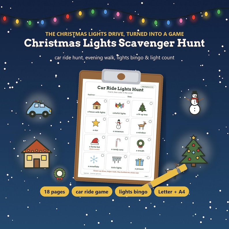 May include: A Christmas Lights Scavenger Hunt game sheet on a brown clipboard with a yellow pencil. The sheet features a grid of holiday icons like a house, star, snowman, and tree with text labels. The background is dark blue with snow.