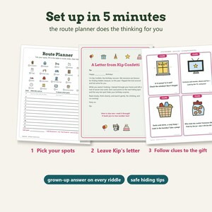 May include: A birthday treasure hunt kit featuring a Route Planner sheet, a letter from Kip Confetti, and four clue cards with colorful icons. The text includes instructions to set up in 5 minutes, pick spots, leave the letter, and follow clues to the gift.