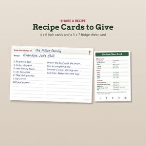 May include: A set of recipe cards featuring a 10.16 x 15.24 cm card with lines for ingredients and instructions, and a 12.7 x 17.78 cm fridge cheat card with cooking measurements and temperatures. The text reads SHARE A RECIPE Recipe Cards to Give.