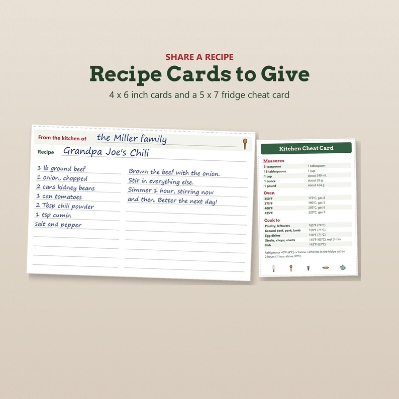 May include: A set of recipe cards featuring a 10.16 x 15.24 cm card with lines for ingredients and instructions, and a 12.7 x 17.78 cm fridge cheat card with cooking measurements and temperatures. The text reads SHARE A RECIPE Recipe Cards to Give.