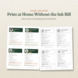May include: A set of printable plant care cards featuring text that reads Color + Ink-Saver Print at Home Without the Ink Bill plus cream and deep green card backs. The cards include care instructions for Rubber Plant, Calathea Orbifolia, Aloe Vera, and String of Pearls with icons for light, water, humidity, temperature, food, soil, and pet safety.