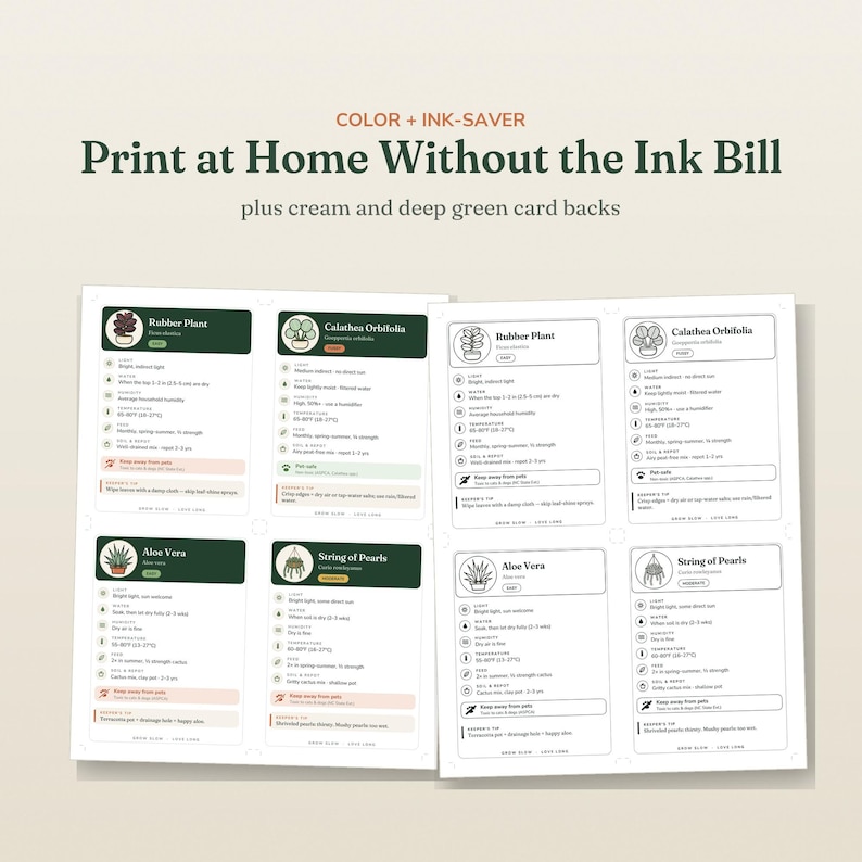 May include: A set of printable plant care cards featuring text that reads Color + Ink-Saver Print at Home Without the Ink Bill plus cream and deep green card backs. The cards include care instructions for Rubber Plant, Calathea Orbifolia, Aloe Vera, and String of Pearls with icons for light, water, humidity, temperature, food, soil, and pet safety.
