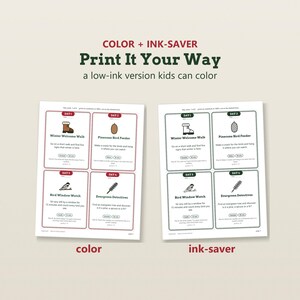 May include: Two printable activity sheets featuring four daily winter-themed task cards each. One sheet displays colored icons and red borders, while the other is a black and white ink-saver version. Text includes "Print It Your Way" and "Day 1-4".