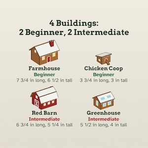 May include: A graphic showing 4 buildings: a brown farmhouse (7 3/4 in long, 6 1/2 in tall), a brown chicken coop (3 3/4 in long, 3 in tall), a red barn (6 3/4 in long, 5 1/4 in tall), and a brown greenhouse (5 1/2 in long, 4 in tall).