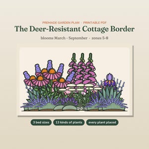 May include: A printable garden plan titled The Deer-Resistant Cottage Border, blooms March-September, zones 5-8. The graphic shows a colorful illustration of various flowers including pink coneflowers, purple foxgloves, and blue irises.
