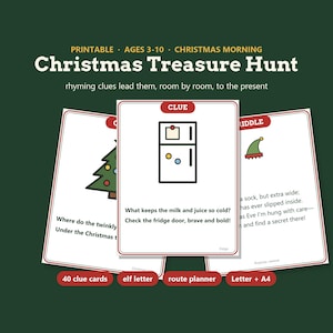 May include: A printable Christmas Treasure Hunt game set featuring white cards with red borders, colorful illustrations of a Christmas tree, a refrigerator, and an elf hat, along with rhyming riddles and text including Christmas Treasure Hunt.