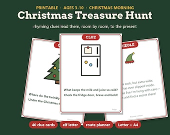 Christmas Morning Scavenger Hunt for Kids, 40 Treasure Hunt Clues, Elf Riddles, Indoor Christmas Game