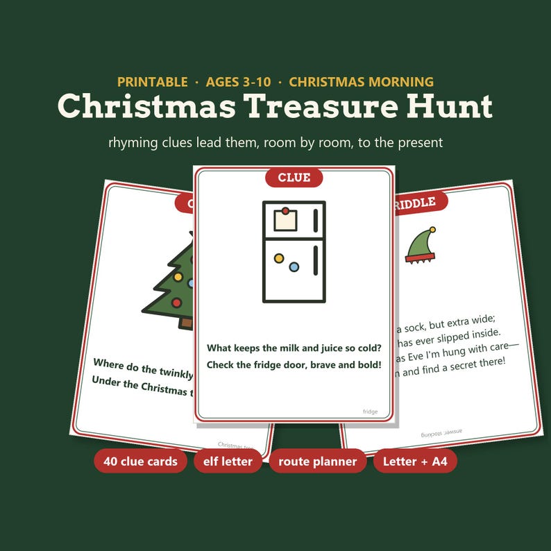 May include: A printable Christmas Treasure Hunt game set featuring white cards with red borders, colorful illustrations of a Christmas tree, a refrigerator, and an elf hat, along with rhyming riddles and text including Christmas Treasure Hunt.