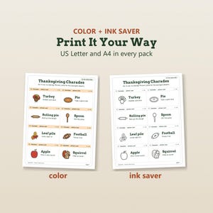 K&ouml;nnte beinhalten: Zwei druckbare Thanksgiving-Charades-Spielb&ouml;gen, einer in Farbe und einer in Schwarz-Wei&szlig; als Tintensparversion. Jeder Bogen enth&auml;lt acht Karten mit Illustrationen und Textaufforderungen wie Turkey, Pie, Rolling pin, Spoon, Leaf pile, Football, Apple und Squirrel.